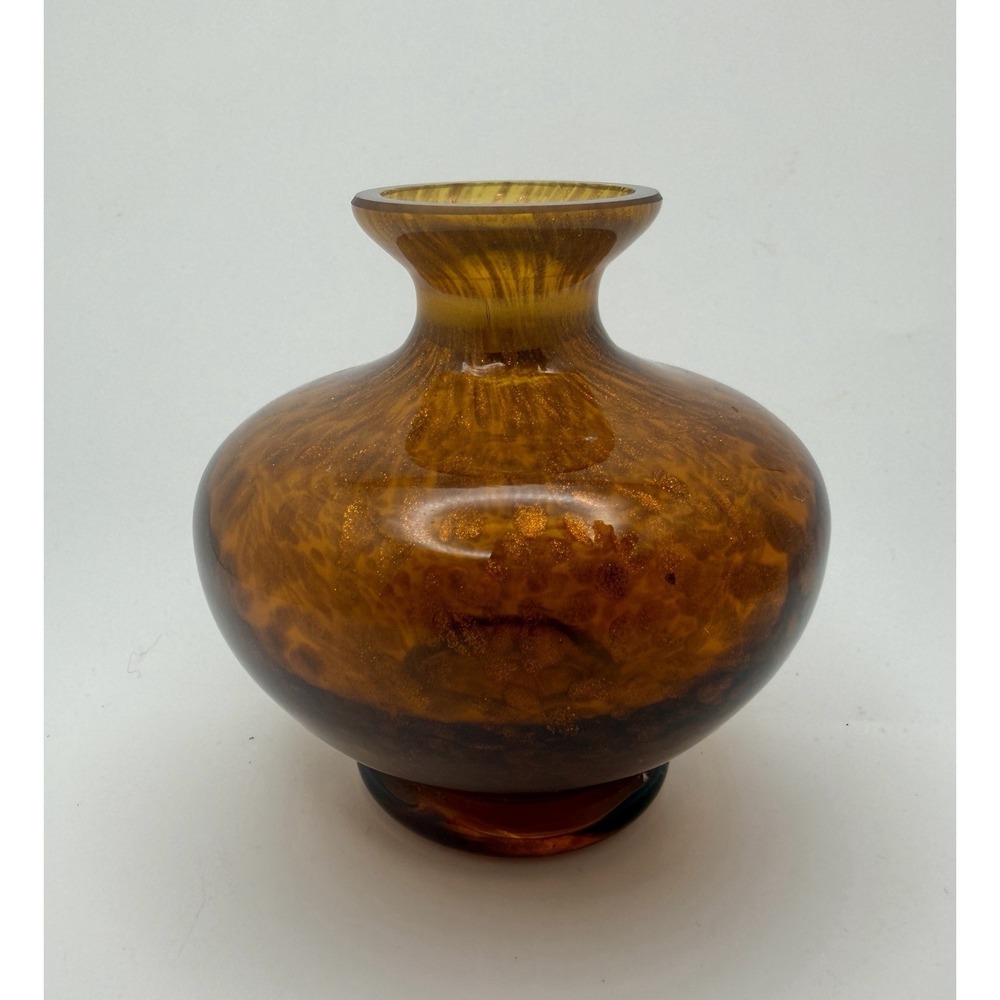 Vintage Murano Style Amber Art Glass Vase Tortoiseshell Gold Flecks Aventurine